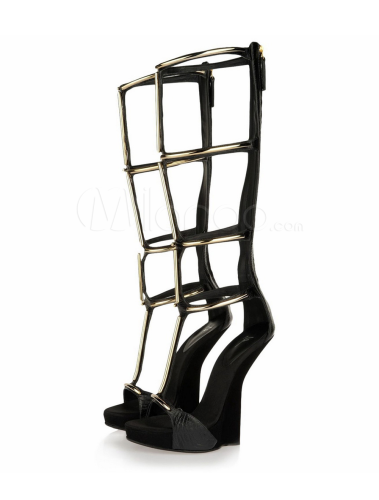 Unique-Black-Metallic-Strappy-Zipper-Cowhide-Women-s-Wedge-Shoes-290608-0
